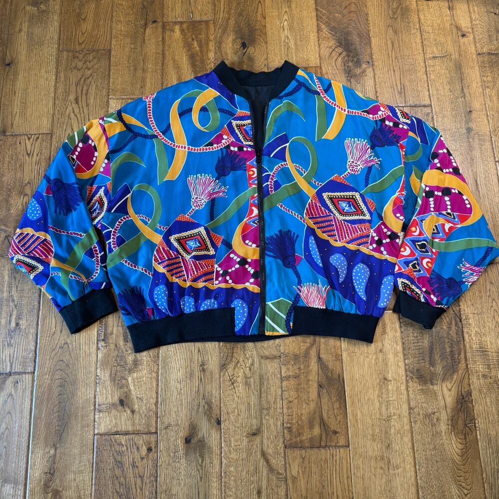 Vintage Women’s Full Zip Silk Satin Colorblock Reversible Bomber Jacket XL